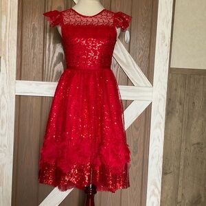 Rare Editions Girls Red Sequin Hi-Lo Dress with Floral Details on Hem. SIZE 14